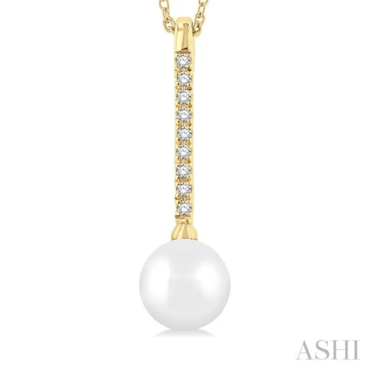 1/10 ctw Petite 7X7 MM Cultured Pearl and Round Cut Diamond Fashion Pendant With Chain in 10K Yellow Gold