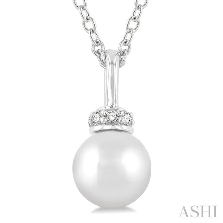 1/20 ctw Petite 6X6MM Cultured Pearl and Round Cut Diamond Crown Fashion Pendant With Chain in 10K White Gold