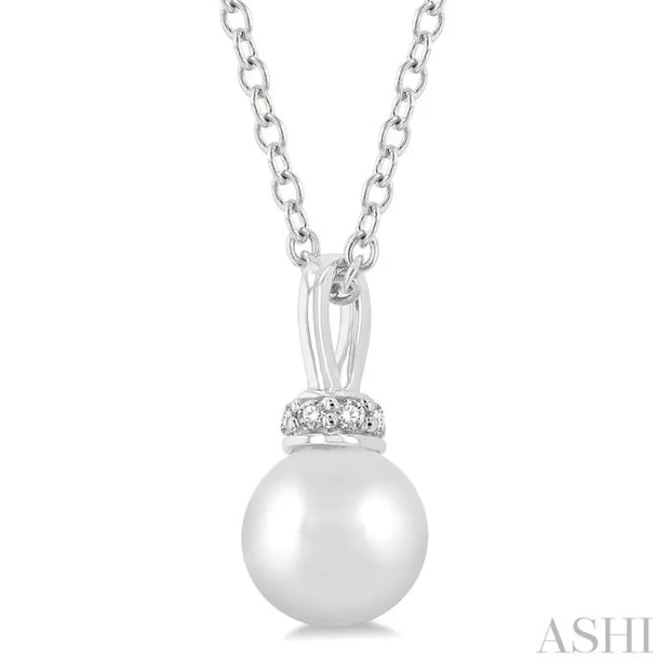 1/20 ctw Petite 6X6MM Cultured Pearl and Round Cut Diamond Crown Fashion Pendant With Chain in 10K White Gold