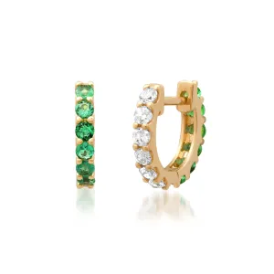 14K Gold Half & Half Emerald & Diamond Huggie Hoops Earrings