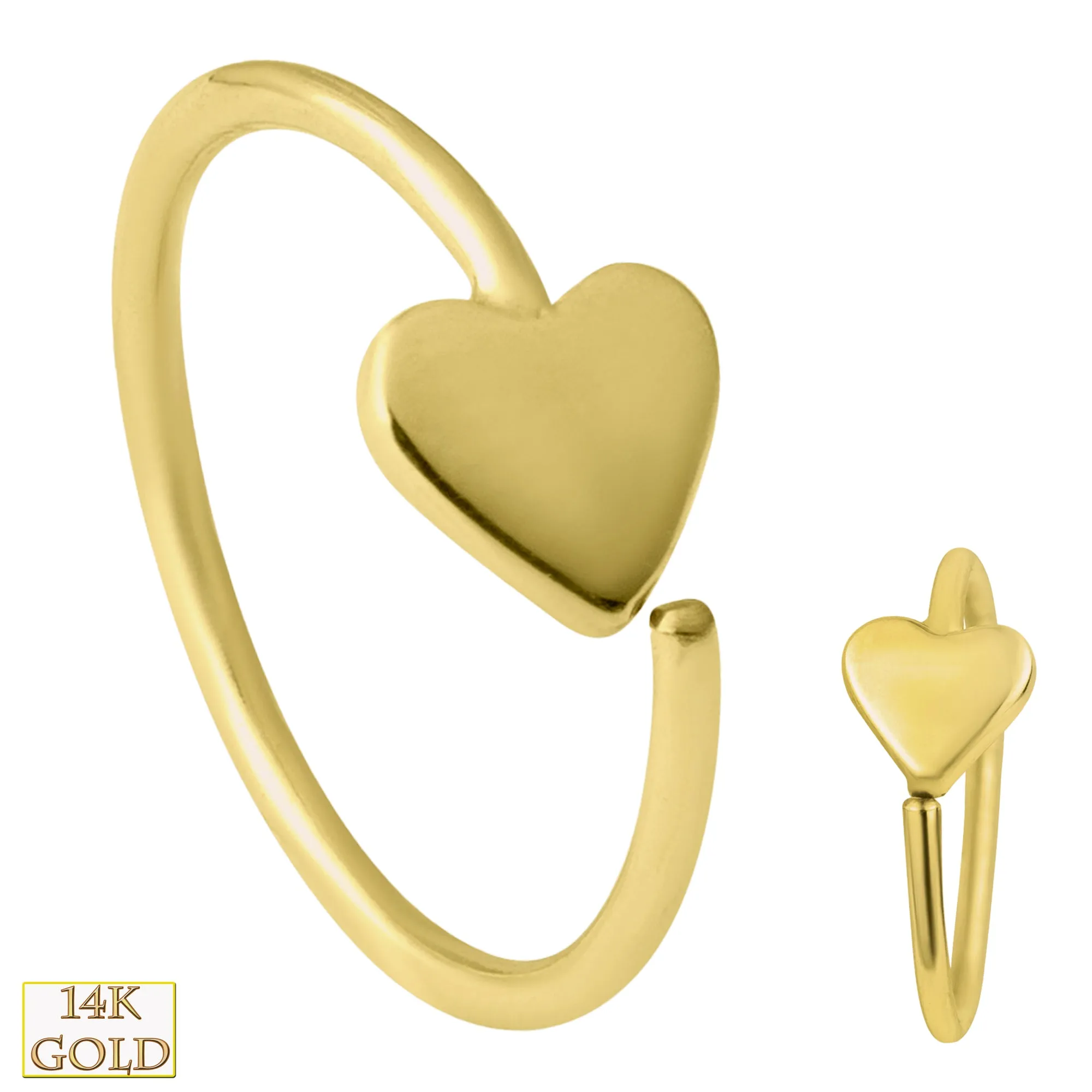 14k Solid Yellow Gold Heart Design Hoops Piercing Twist to Open