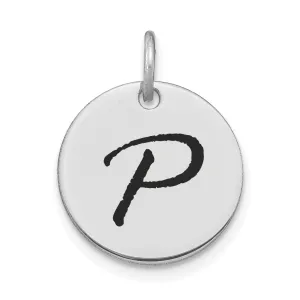 14k White Gold Polished Rhodium Black Epoxy Finish Letter P Initial Disk Shape Charm Pendant