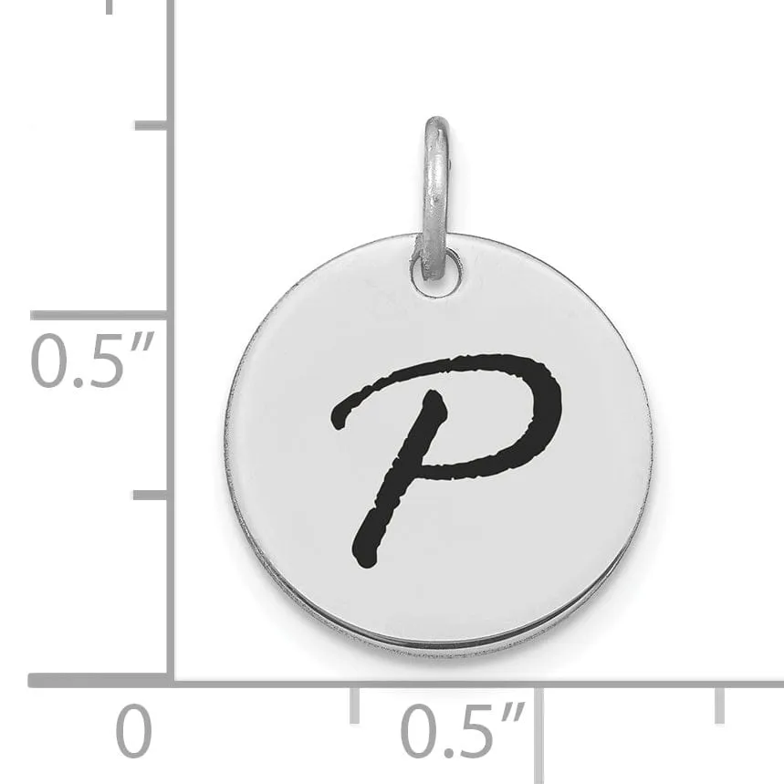 14k White Gold Polished Rhodium Black Epoxy Finish Letter P Initial Disk Shape Charm Pendant