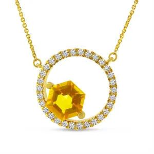 14K Yellow Gold 1.05ctw Hexagon Citrine & Diamond Circle Necklace