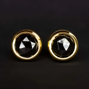 14K YELLOW GOLD BLACK SPINEL STUD EARRINGS 5mm ROUND ROSE CUT BEZEL MINIMALIST