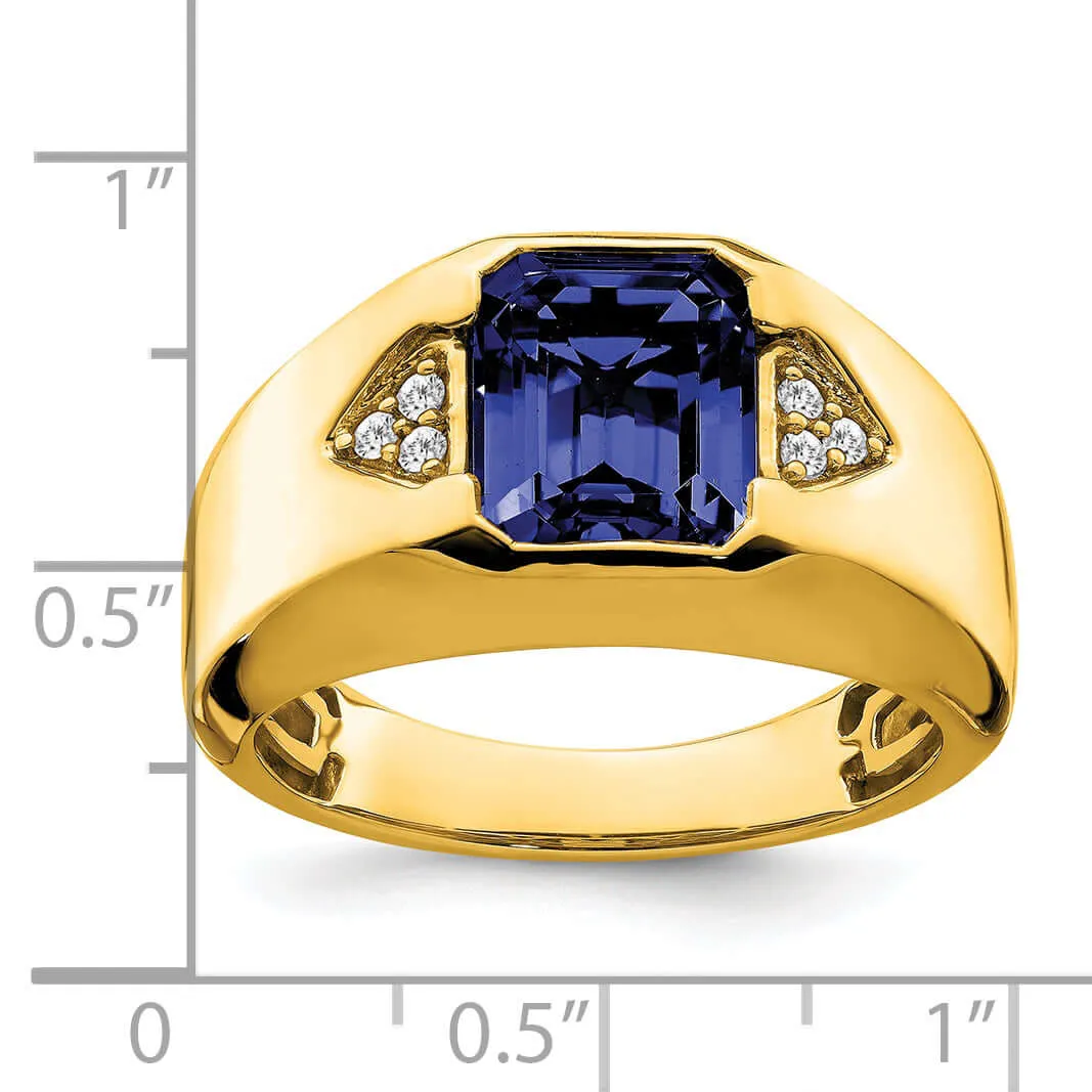 14k Yellow Gold Emerald Cut Sapphire Stone and Diamond Men's Ring.