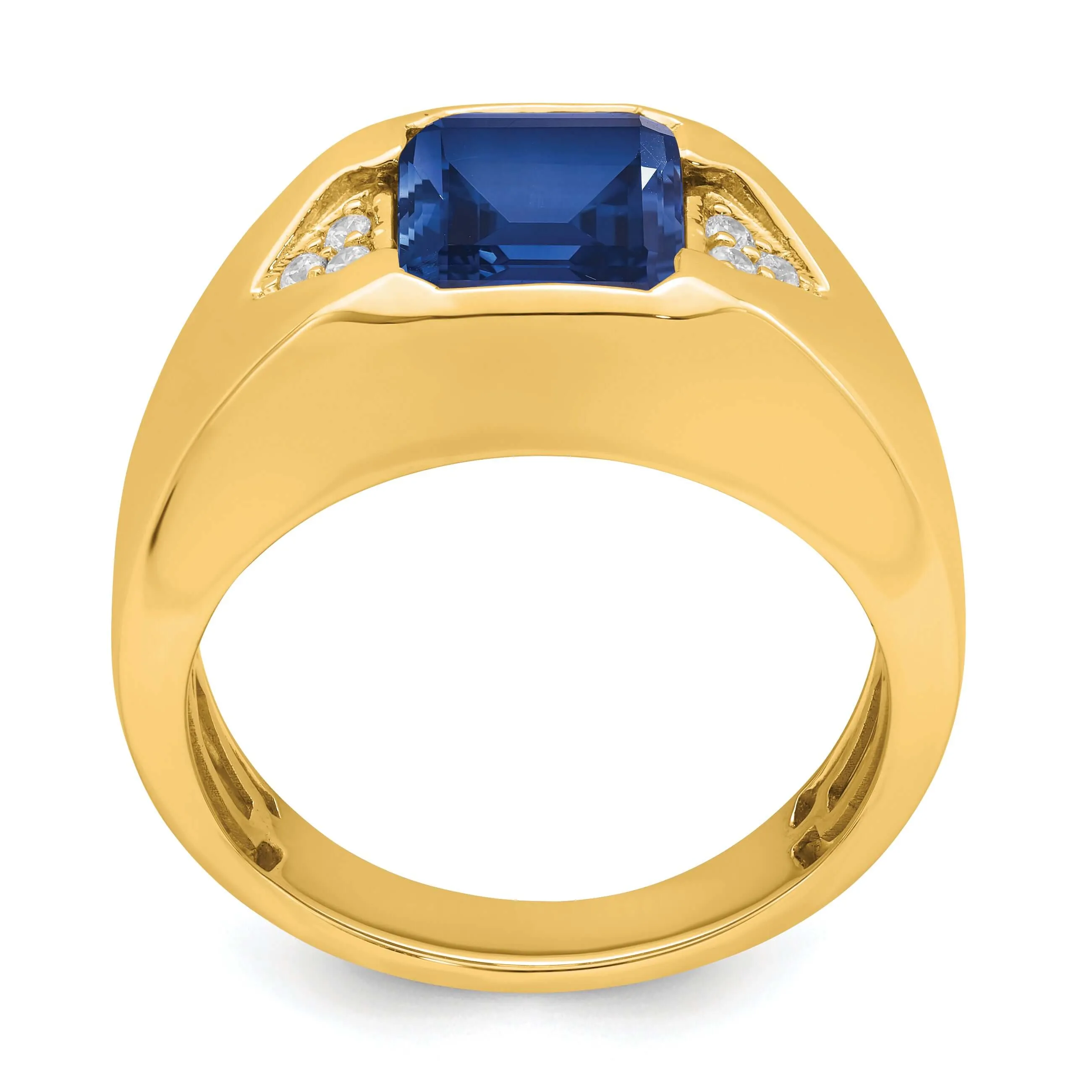 14k Yellow Gold Emerald Cut Sapphire Stone and Diamond Men's Ring.