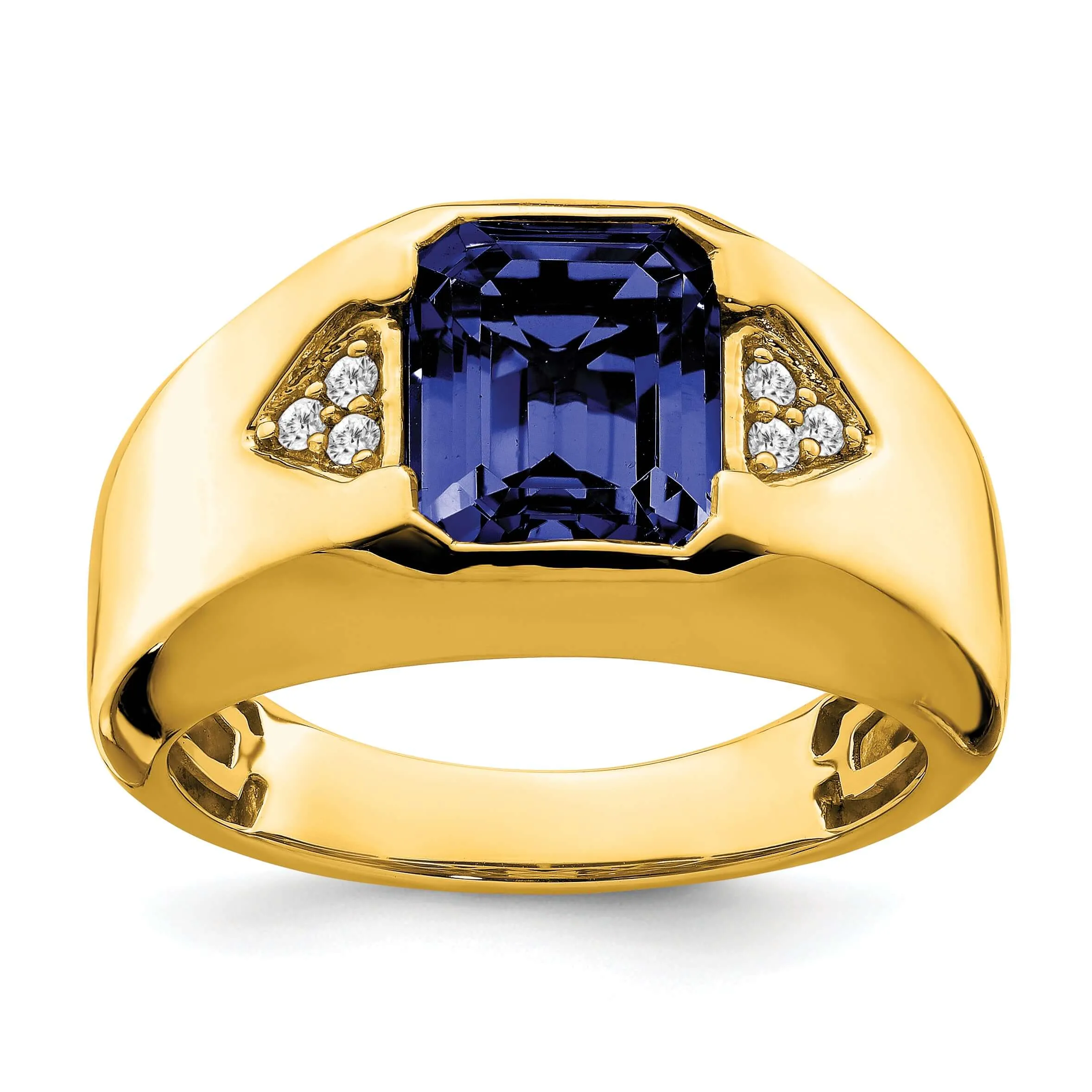 14k Yellow Gold Emerald Cut Sapphire Stone and Diamond Men's Ring.