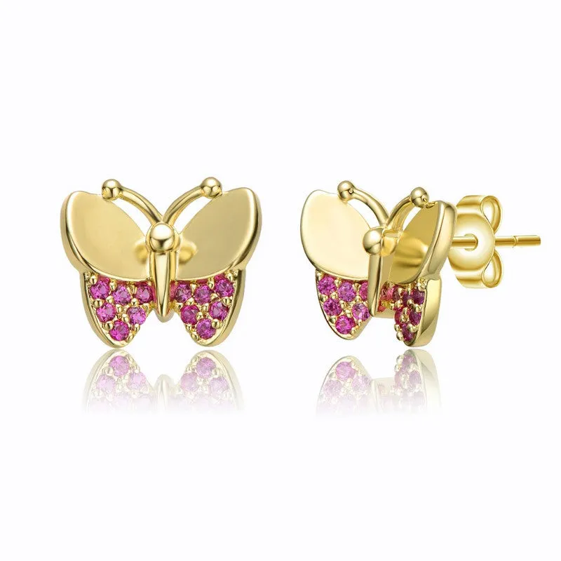 14k Yellow Gold Plating with Ruby Cubic Zirconia Pave Butterfly Stud Earrings for Kids