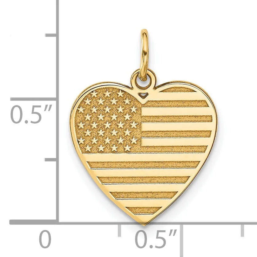 14k Yellow Gold Polished Textured Finish U.S.A Flag in Heart Shape Design Charm Pendant