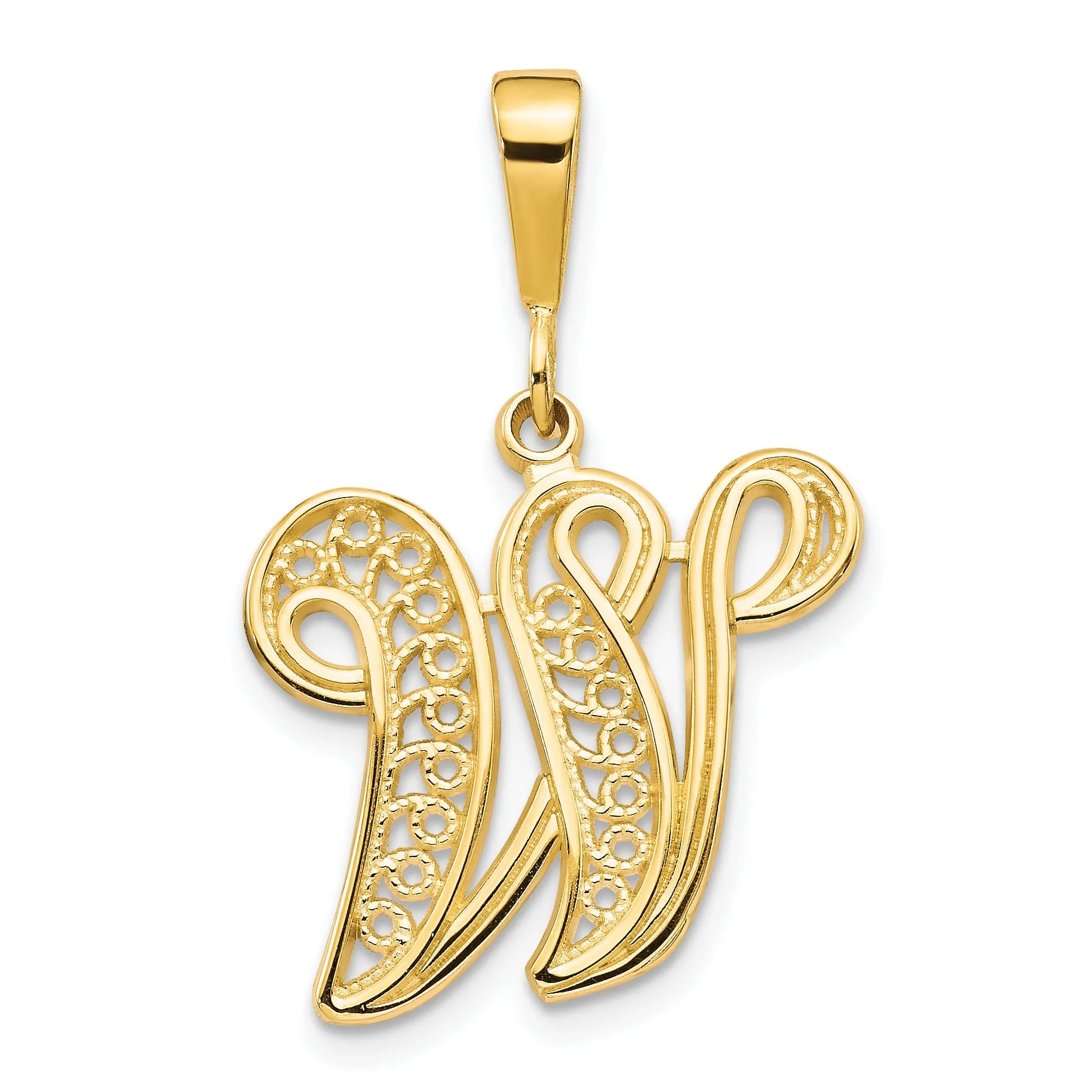 14K Yellow GoldFancy Filigree Script Design Letter W Initial Pendant