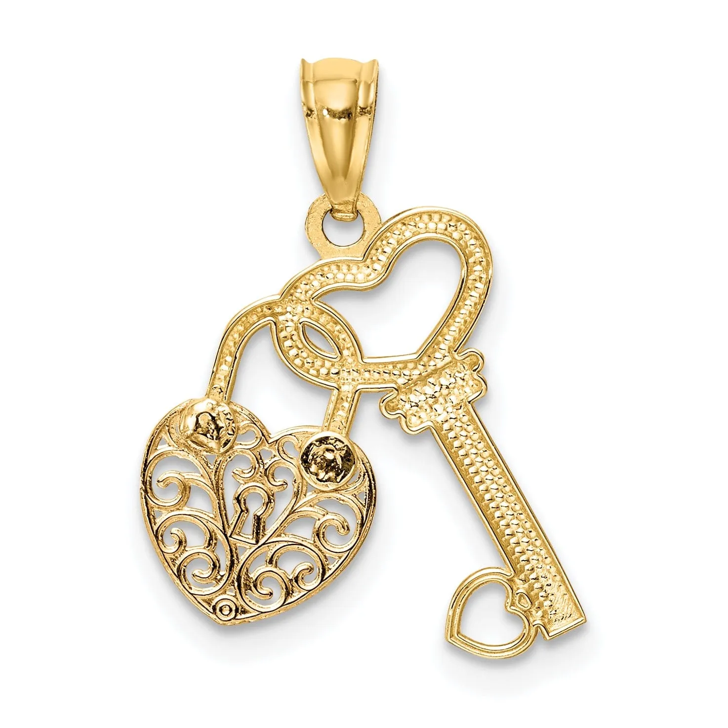 14K Yellow Rose Gold Filigree Heart Lock Design and Key Charm Pendant