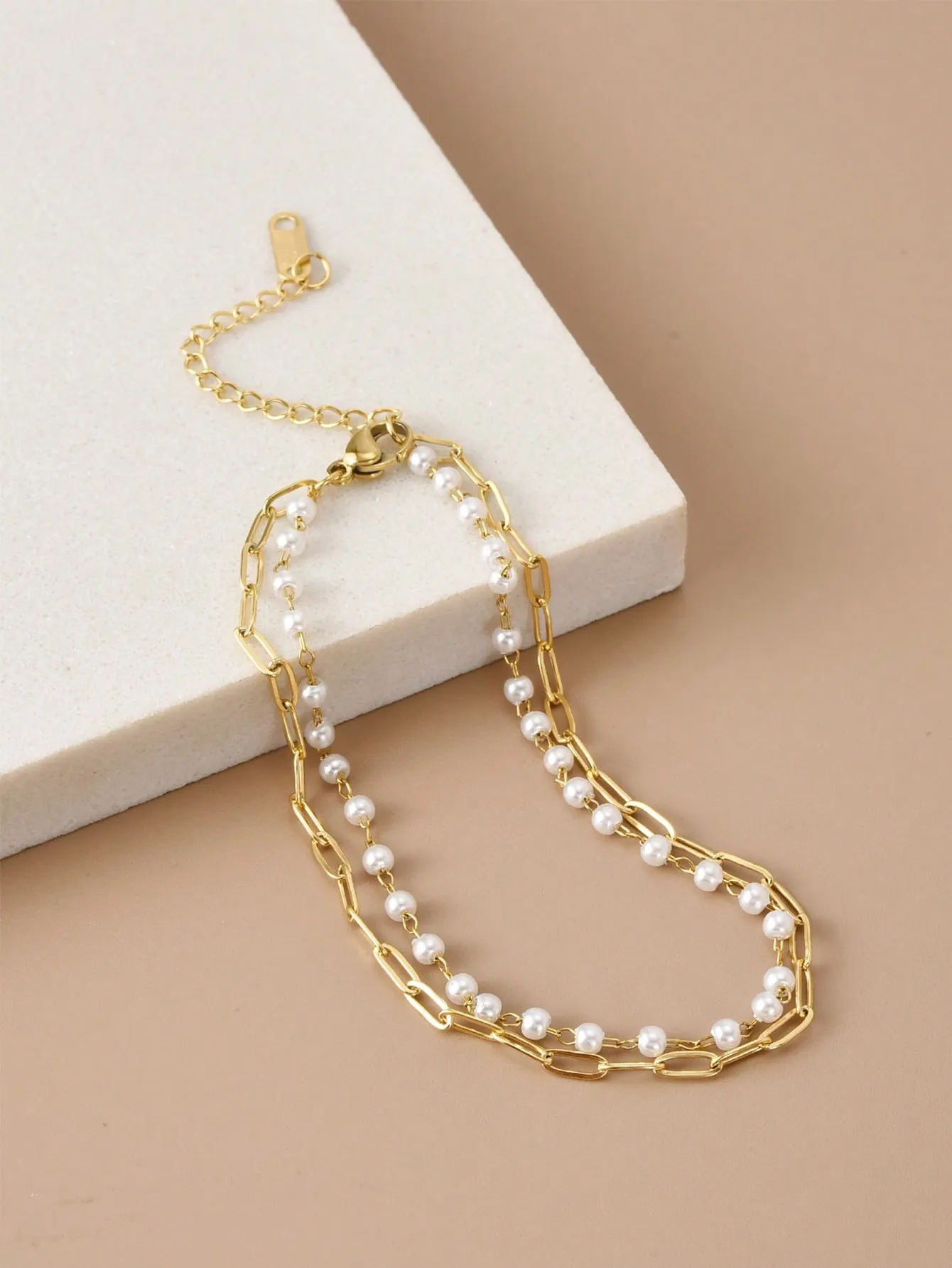 1pc Fashionable Stainless Steel Faux Pearl Decor Layered Anklet For Women For Daily Decoration