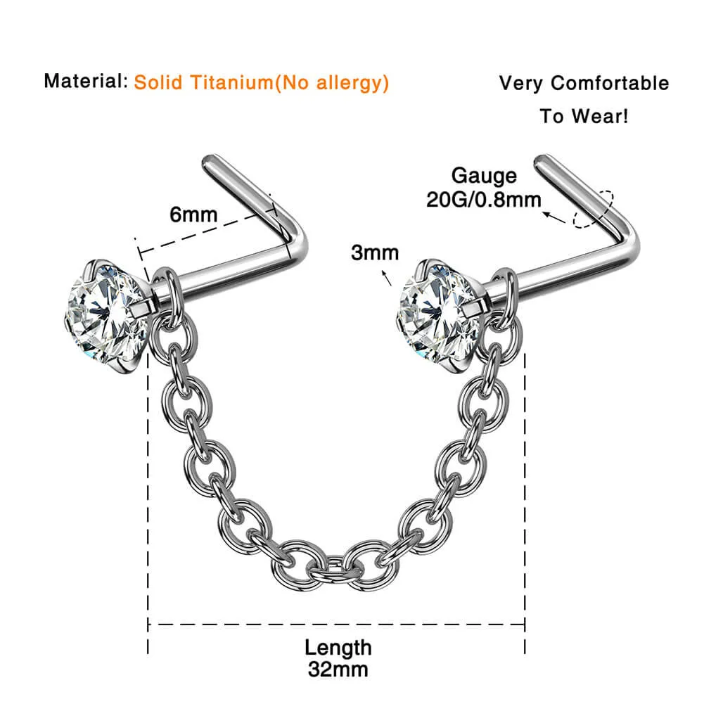 20G Titanium L-Shaped CZ Nose Stud Chain