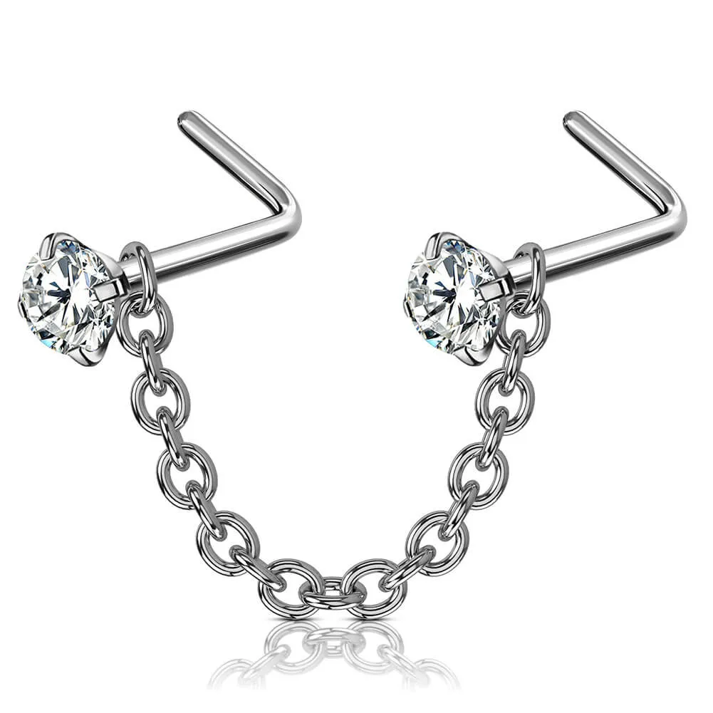 20G Titanium L-Shaped CZ Nose Stud Chain