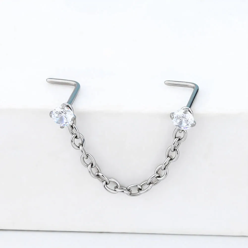 20G Titanium L-Shaped CZ Nose Stud Chain