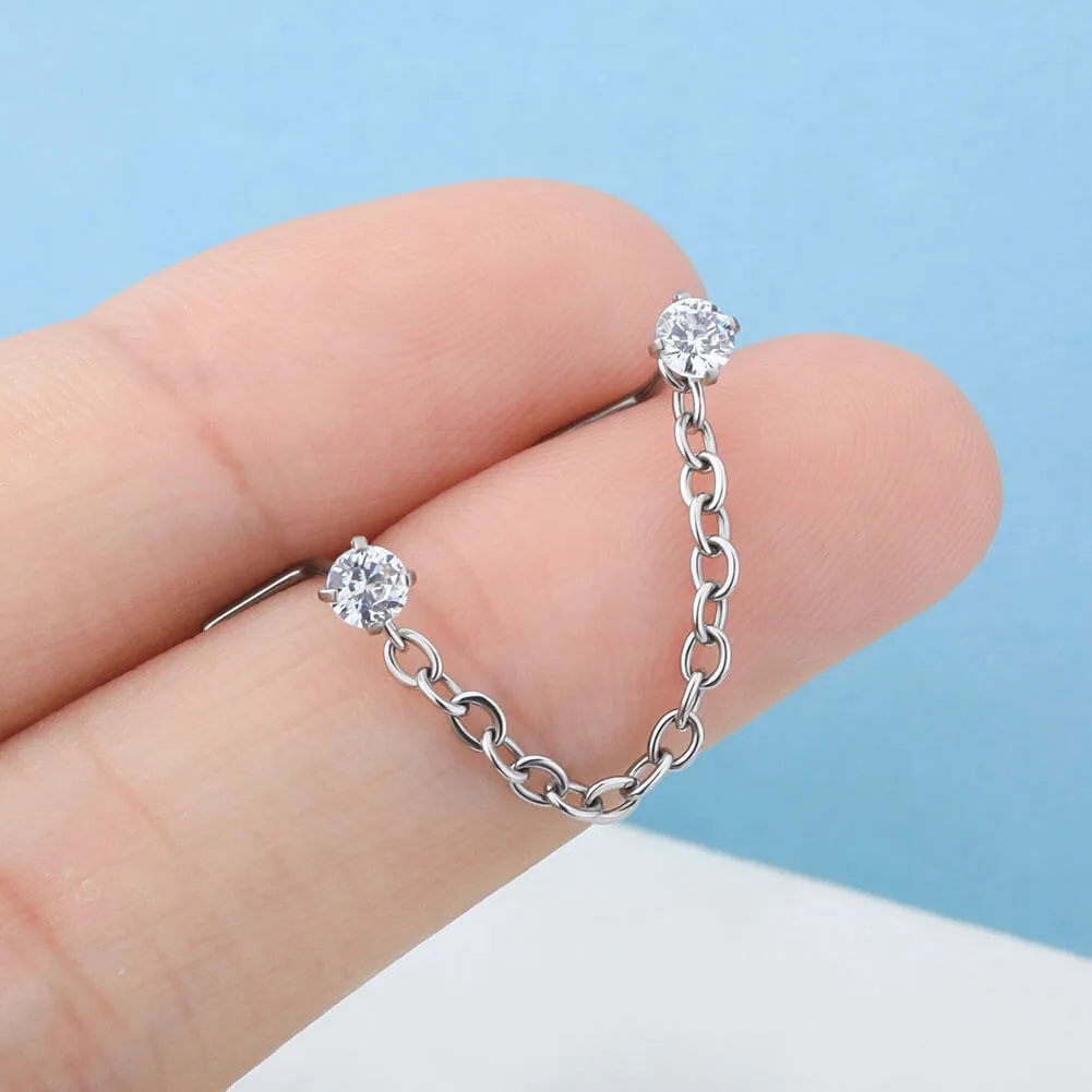 20G Titanium L-Shaped CZ Nose Stud Chain