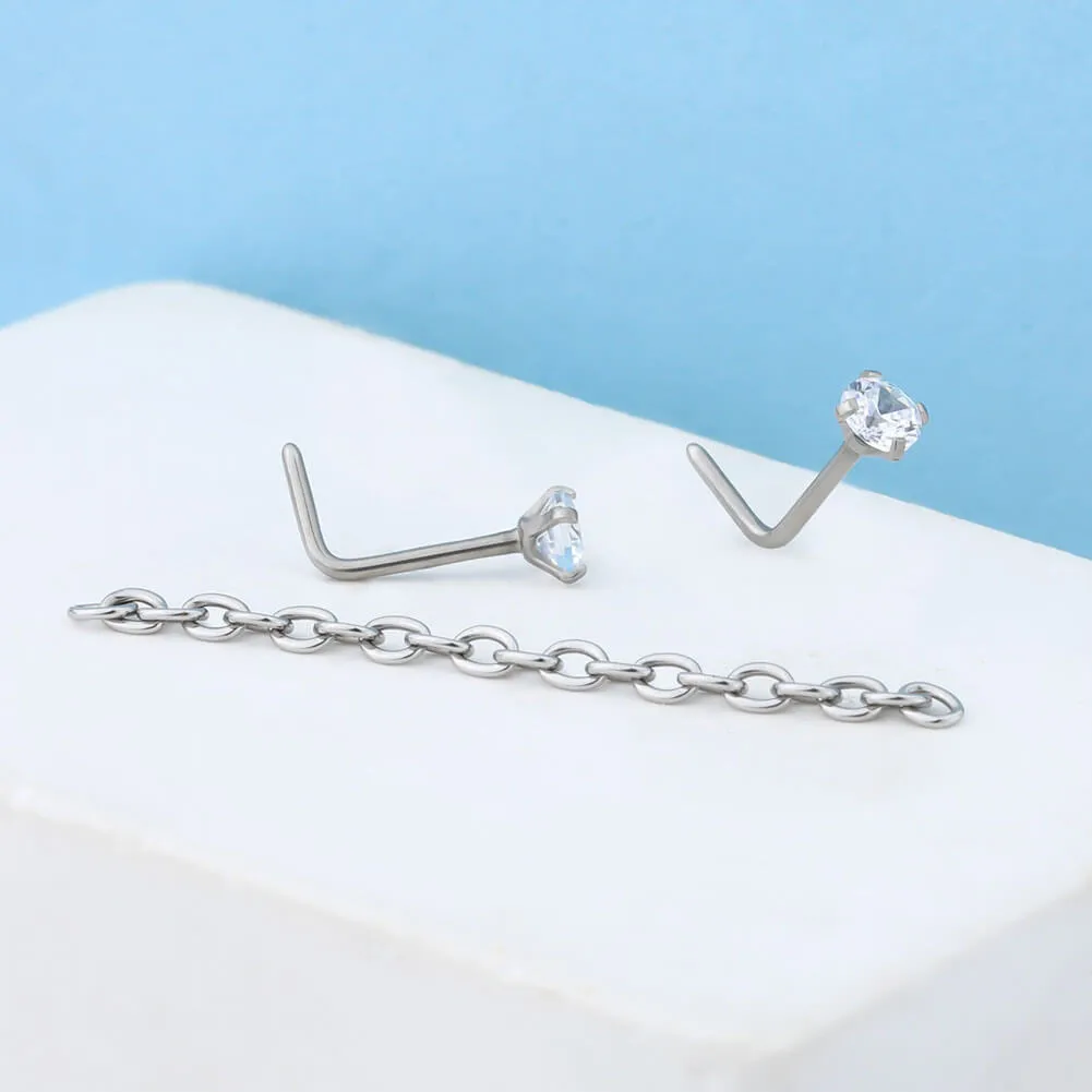 20G Titanium L-Shaped CZ Nose Stud Chain