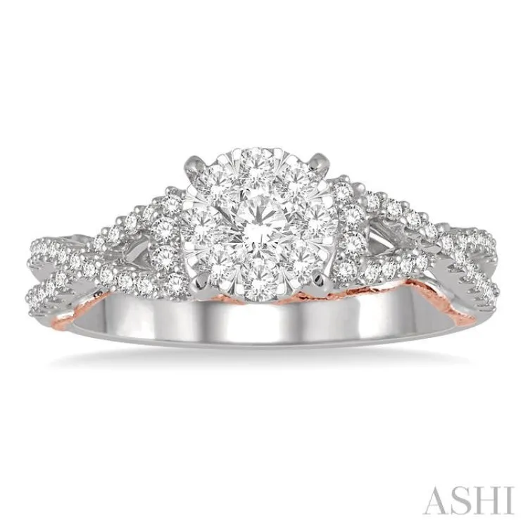 5/8 Ctw Round Diamond Lovebright Crossover Shank Engagement Ring in 14K White and Rose Gold