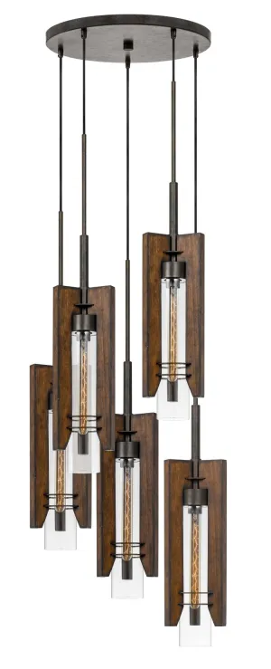 60W Almeria Five-Light Pendant Fixture - Stylish Wood & Glass Design with 6ft Cord, E26 Bulb Compatible