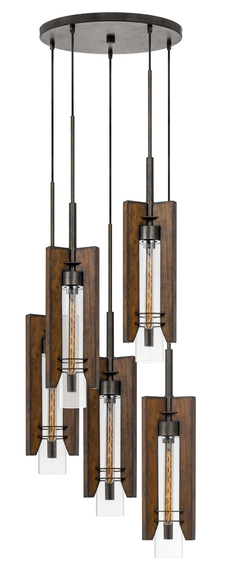 60W Almeria Five-Light Pendant Fixture - Stylish Wood & Glass Design with 6ft Cord, E26 Bulb Compatible