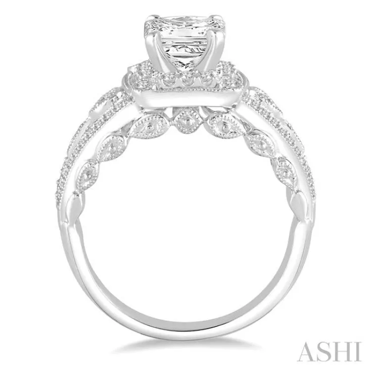 7/8 Ctw Diamond Engagement Ring with 1/2 Ct Princess Cut Center Stone in 14K White Gold