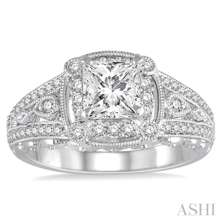 7/8 Ctw Diamond Engagement Ring with 1/2 Ct Princess Cut Center Stone in 14K White Gold