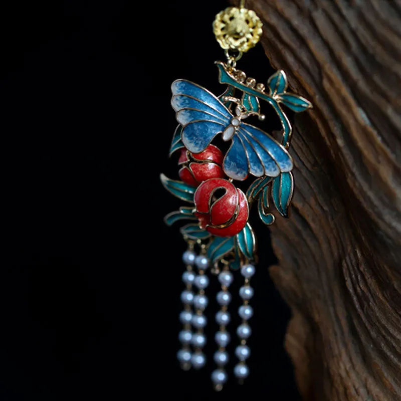 Ancient Chinese Style Butterfly and Flower Artificial Pearl Tassel Earrings