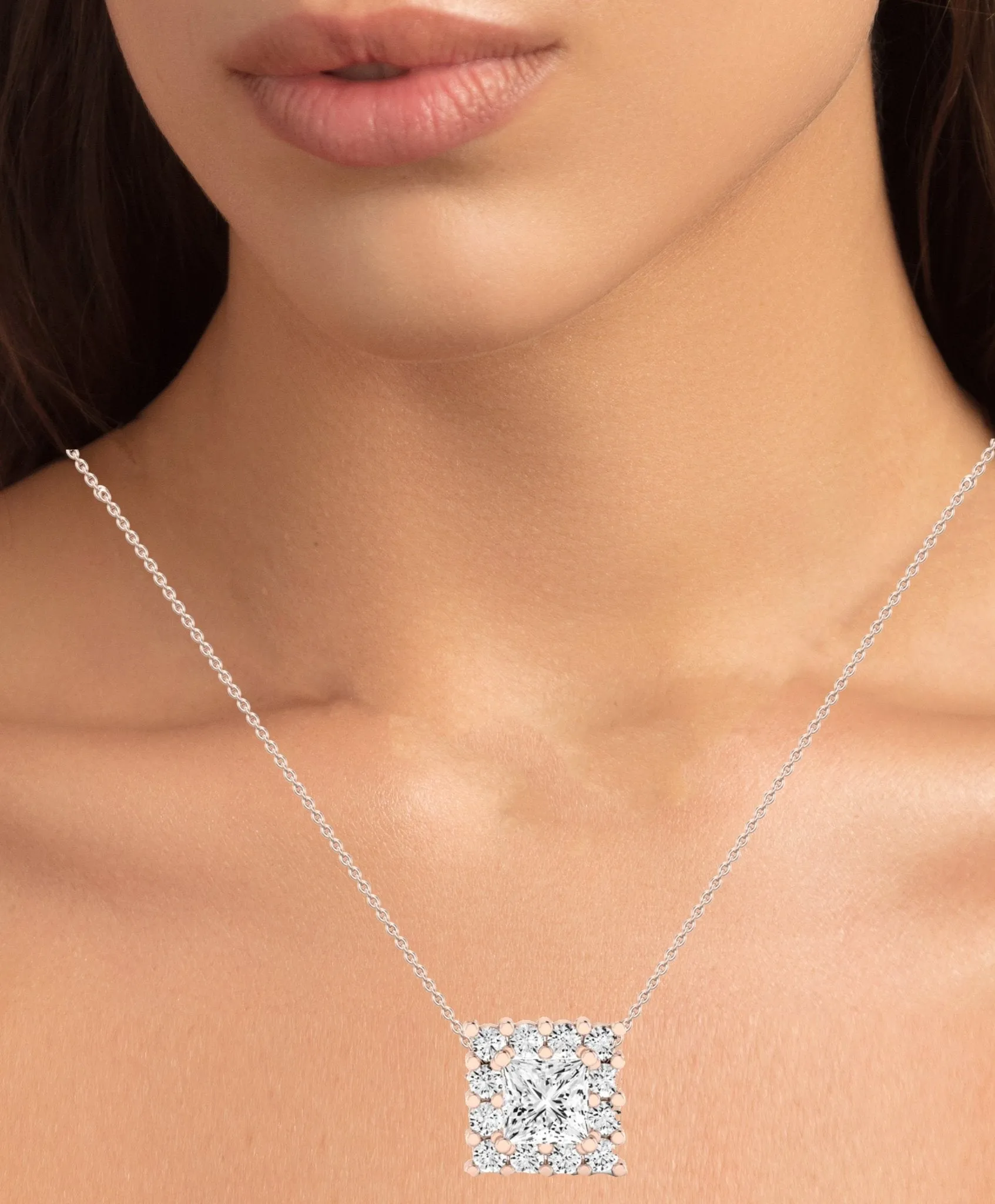 Angelwing Princess Cut Lab Diamond Halo Necklace