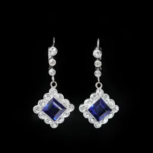 Art Deco Synthetic Sapphire and Old Mine Cut Diamond Dangle Earrings