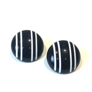 Black & White Pinstripe Retro Button Stud Earrings - Big