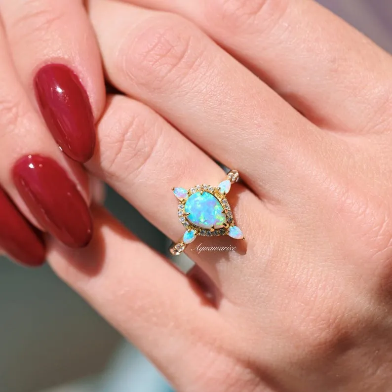 Blue Fire Opal & Crushed Diamond (cz) Couples Ring