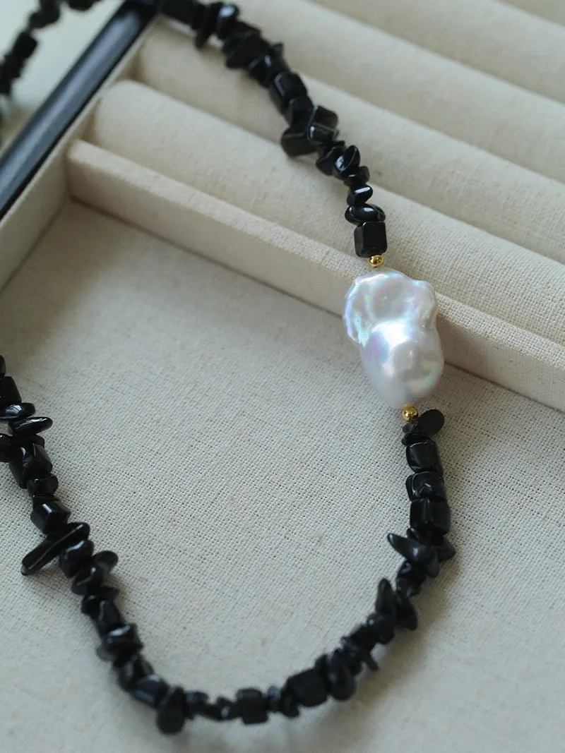 Brilliant Black Onyx Crushed Stone Baroque Pearl Necklace