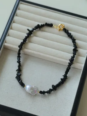 Brilliant Black Onyx Crushed Stone Baroque Pearl Necklace