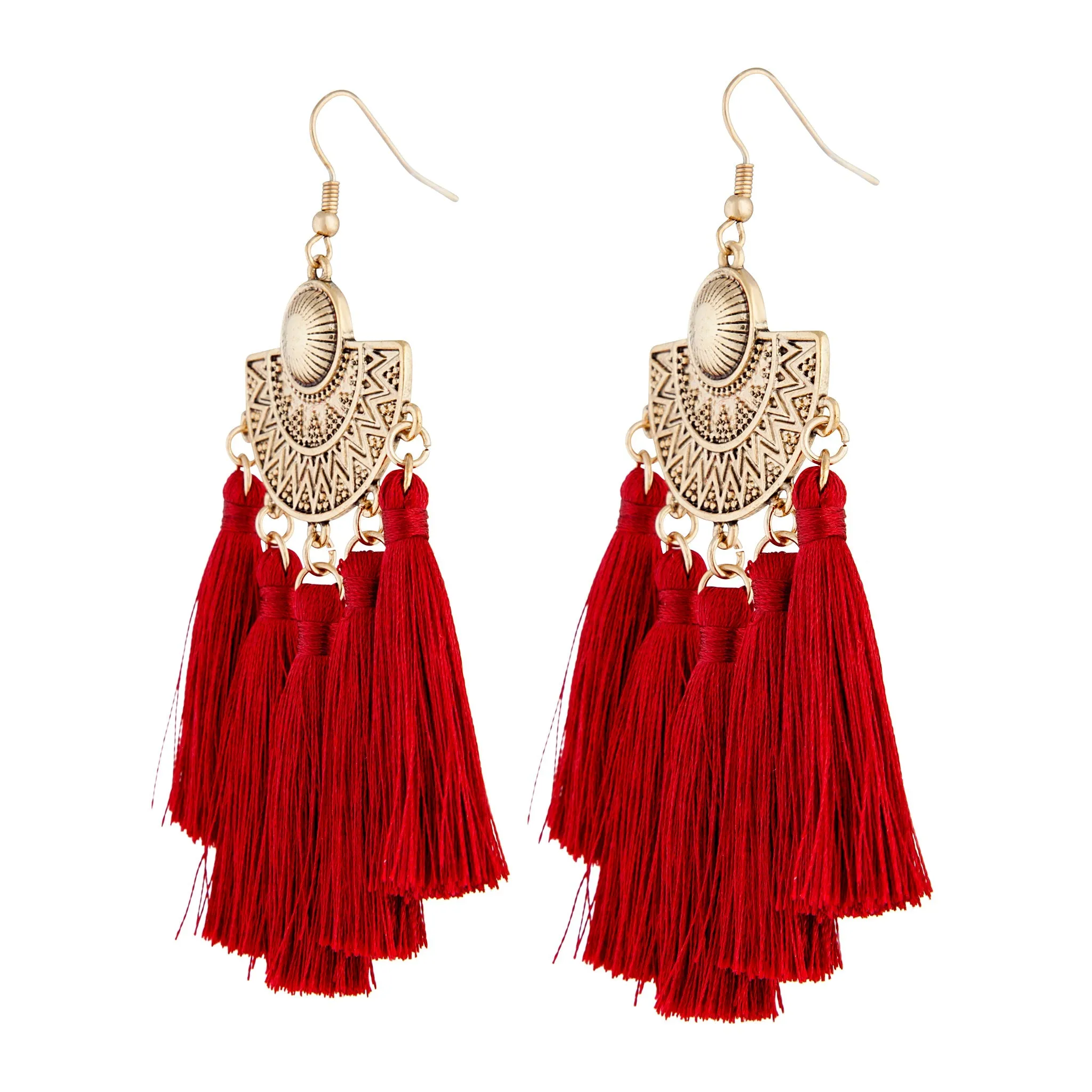 Burgundy Antique Gold Etched Tassel Earrings