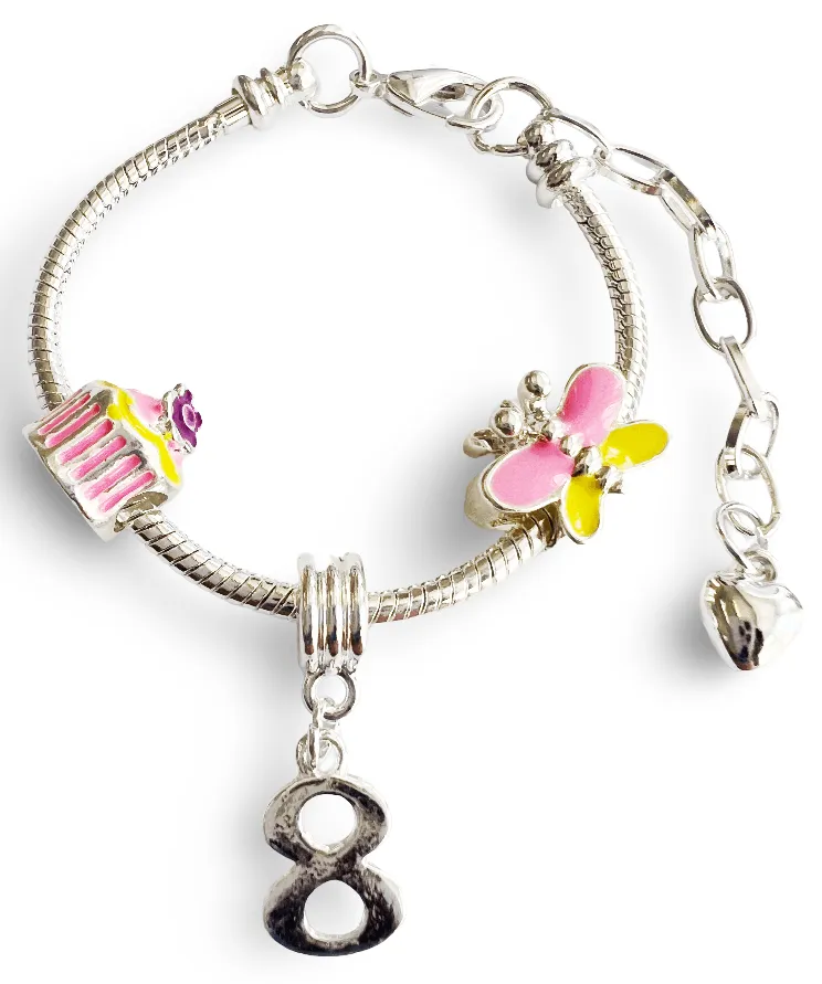 Children's Adjustable 'Happy Birthday To You - Age 8' Silver Plated Charm Bead Bracelet