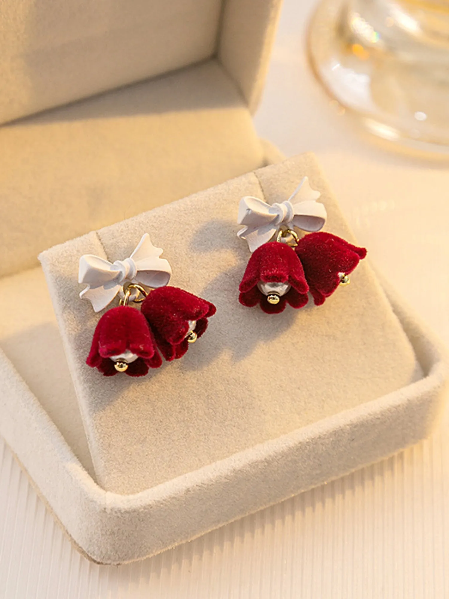 Christmas Accessories Vintage Burgundy Flocked Bell Earrings