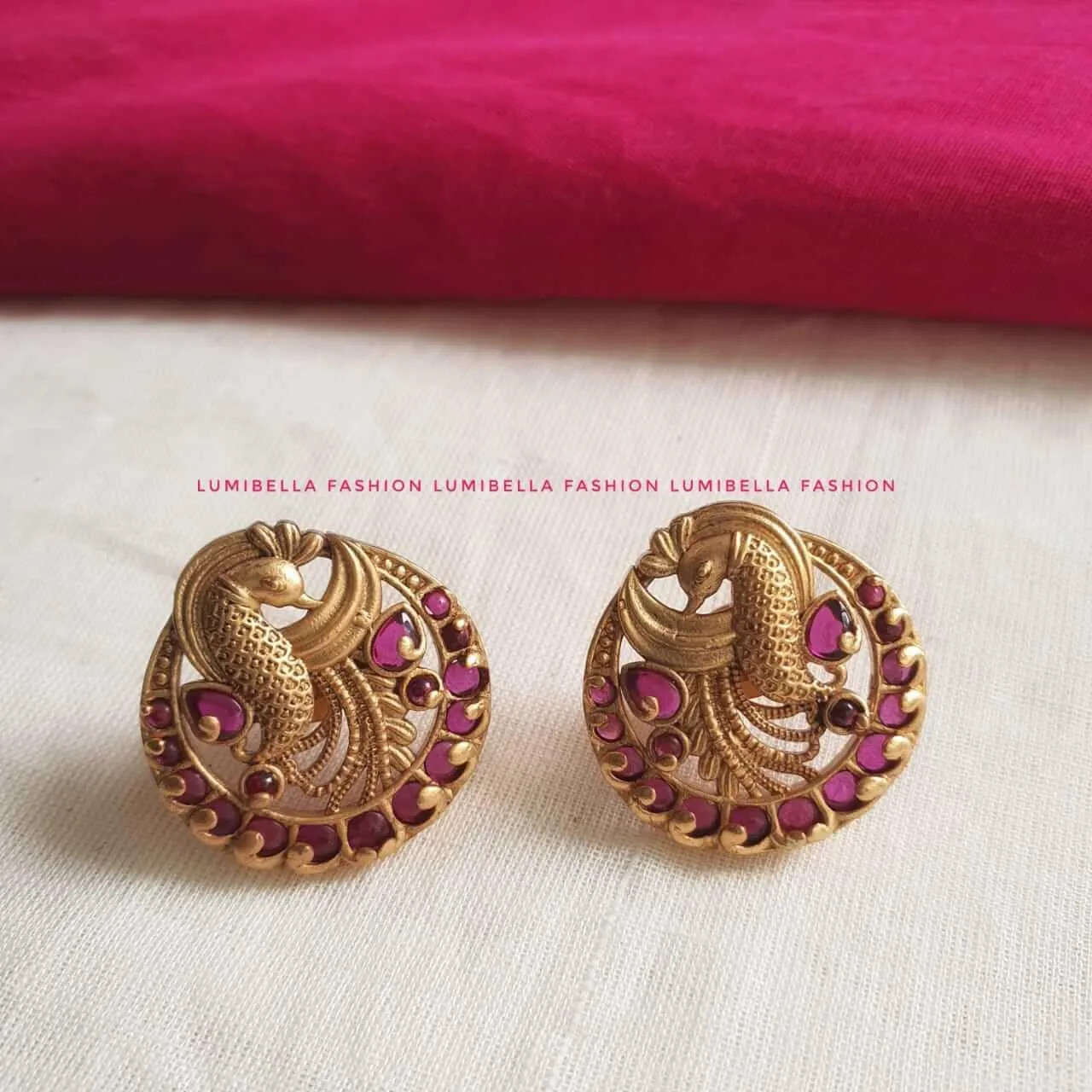 Circle Peacock Stud Earrings With Ruby Kemp Stone