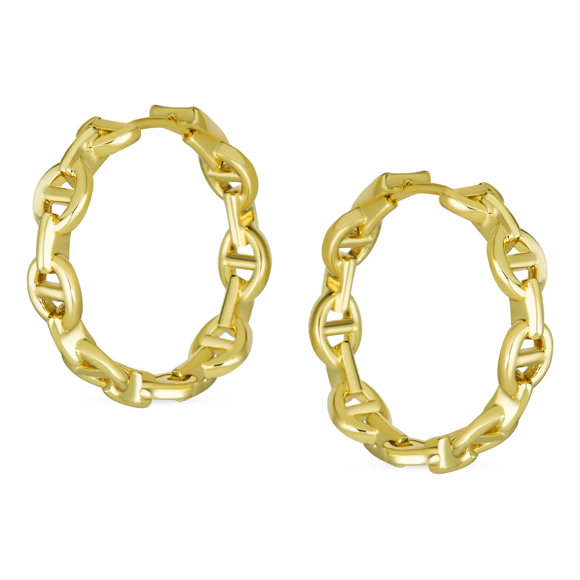 Classic Paper Clip Chain Hoop Huggie Earrings Silver14K Gold 1.25 Inch Medium