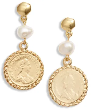 Coin and pearl linear drop earrings