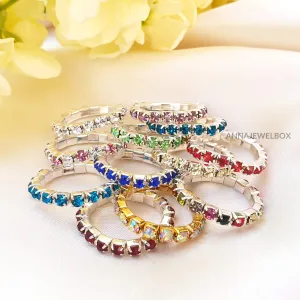 Colour Sparkling Diamante Crystal Elastic Stretch Rings 1 Row