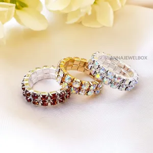 Colour Sparkling Diamante Crystal Elastic Stretch Rings 2 Rows