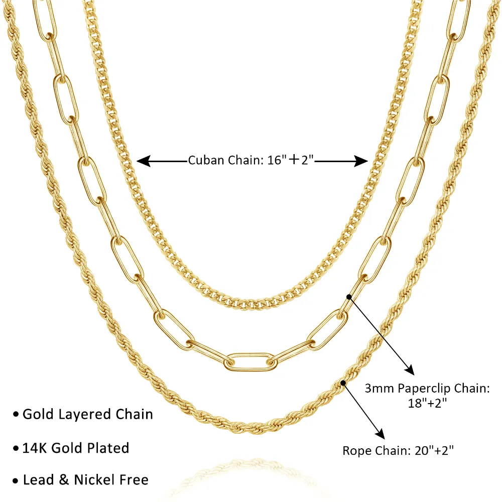 Dainty 14K Gold Layered Necklaces- Cuban Rope Paperclip