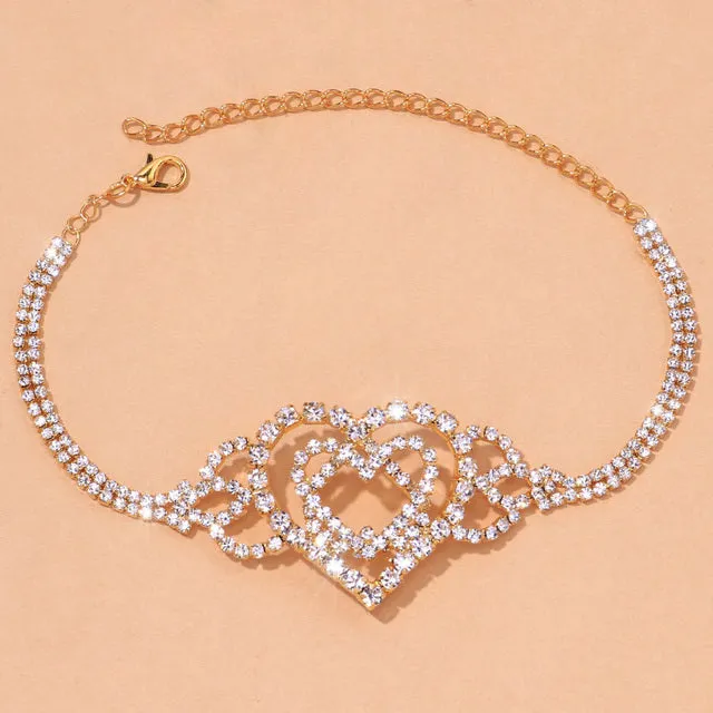 Double Heart Anklet Rhinestone Chain Jewelry Love Foot Chain Anklet