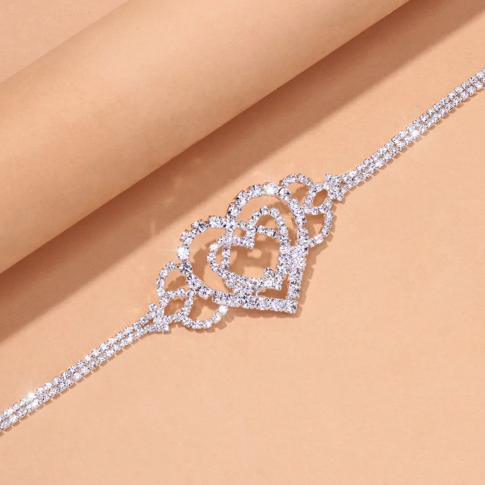 Double Heart Anklet Rhinestone Chain Jewelry Love Foot Chain Anklet