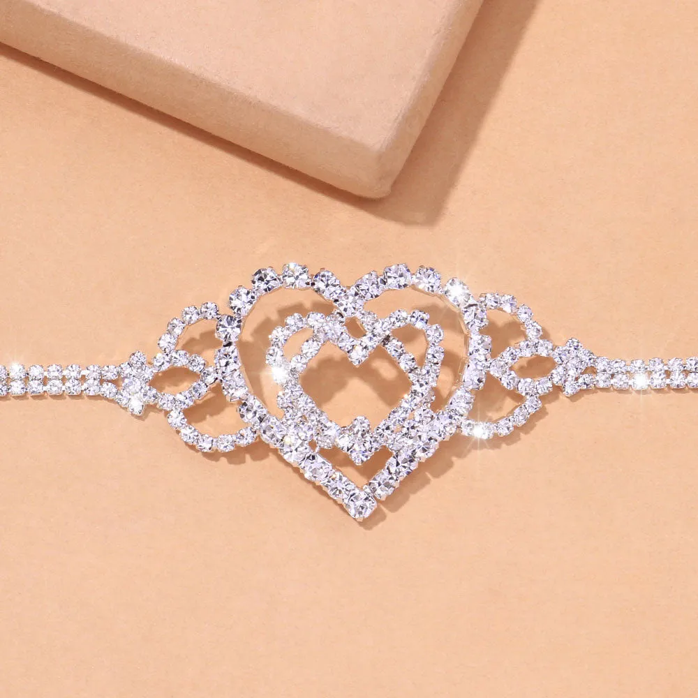 Double Heart Anklet Rhinestone Chain Jewelry Love Foot Chain Anklet