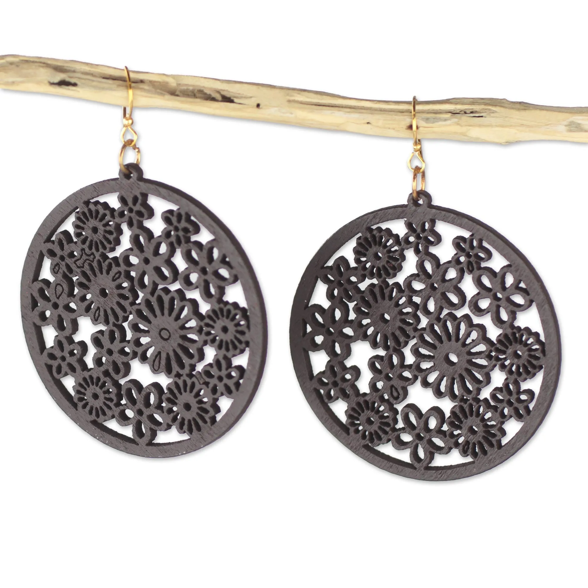 Ebony Bouquet Handcrafted Ebony Wood Floral Motif Circle Dangle Earrings