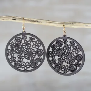 Ebony Bouquet Handcrafted Ebony Wood Floral Motif Circle Dangle Earrings