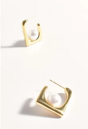 Faux Pearl Geo Hoops Cream/Gold