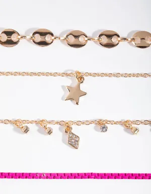 Gold & Pink Star 4-Pack Bracelet & Anklet Set